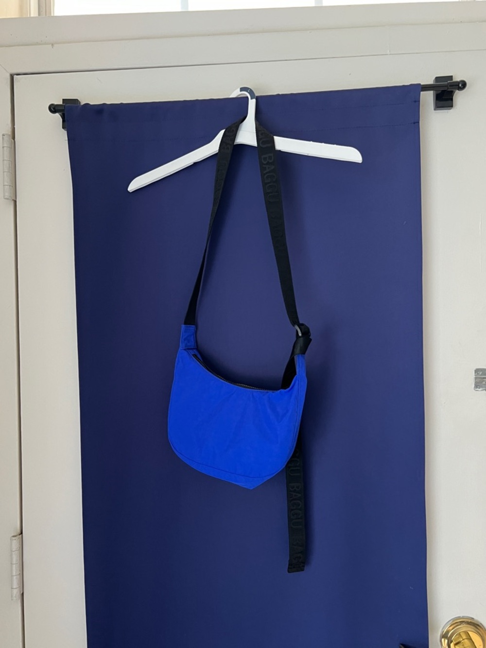 Bright Blue Crescent Shoulder Bag with Black Strap